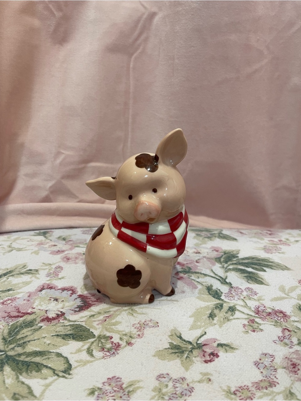 Ceramic Pig Figurine with Red and White Scarf